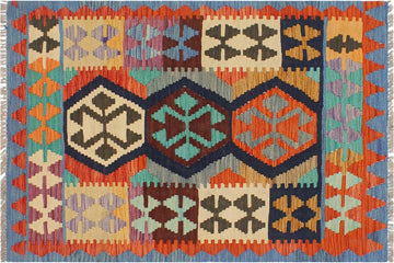 Flat Weave Kilim, Antique, Navaho, Vintage, Handmade, Geometric Kilim Blue Rust Hand-Woven Rectangle 100% Wool Area Rug 3 x 4